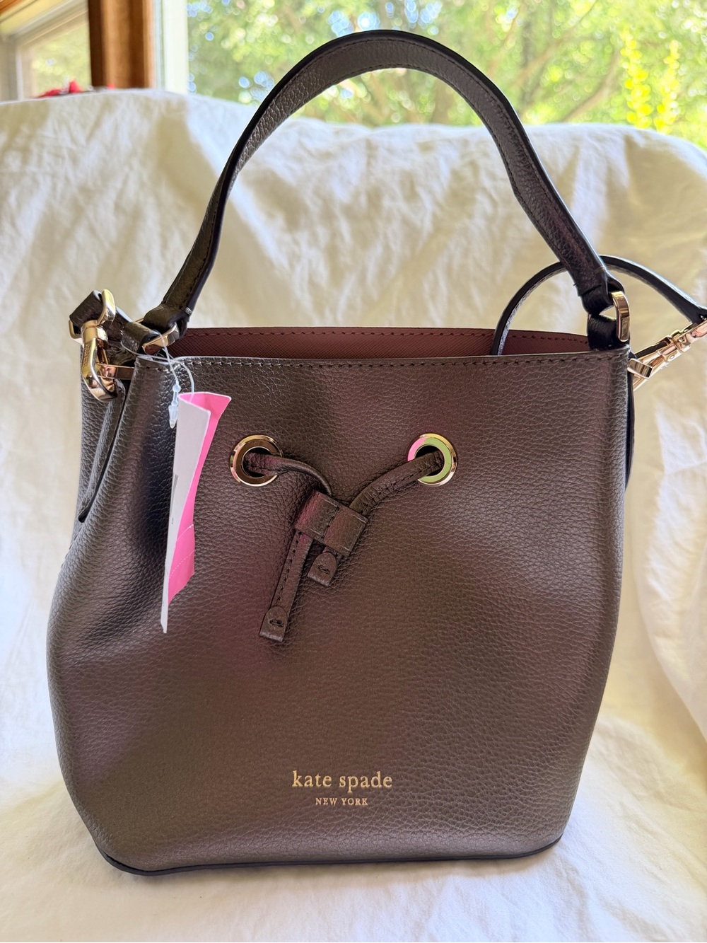 kate spade Brown Pebbled Leather Bucket Bag with Gold Hardware